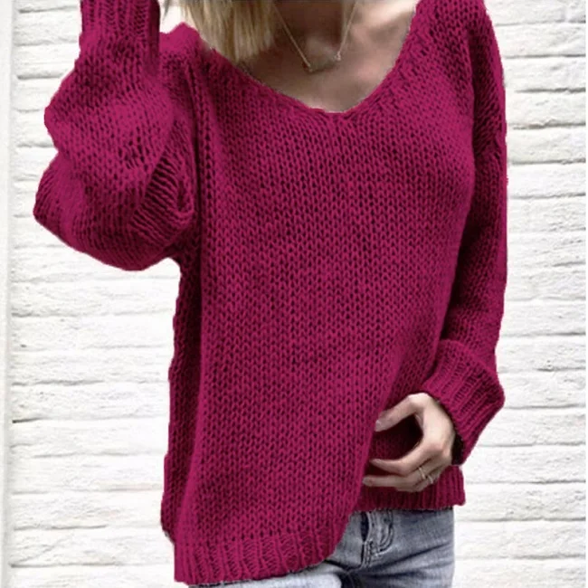 ELSVIOS 3XL, сексуальный свитер с v-образным вырезом и длинным рукавом, Женский однотонный свободный женский топ, повседневный вязаный свитер размера плюс, осенне-зимний пуловер - Цвет: Purple