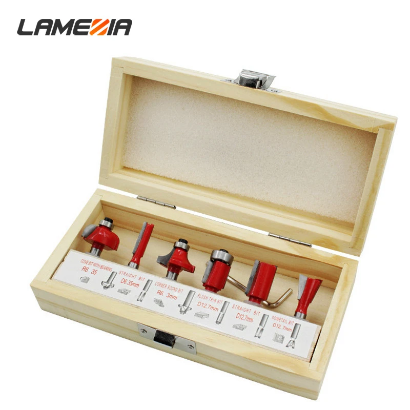 

LAMEZIA 6pcs 6.35mm Shank Tungsten Carbide Tipped Milling Cutter Wood Router Bit Set Bearing Woodworking Tool Box