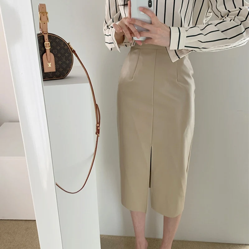 OL женская юбка PU кожаная юбка с высокой талией тонкая сплит юбка