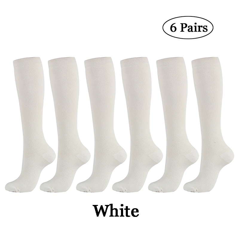 6 пар/лот, белые, черные, серые компрессионные чулки, Компрессионные носки для ног, унисекс, 15-20 мм рт. Ст., для бега, нейлоновые, для мужчин и женщин, спортивные - Цвет: 6 pairs white
