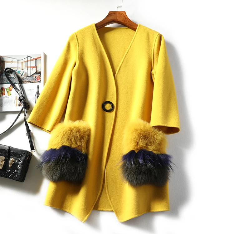 Beste Grote Vos Bont Tas dubbelzijdig Wol Vrouw Jas 2019 Gecontracteerd Temperament 7 Punten mouw V hals Lange Dames Jassen