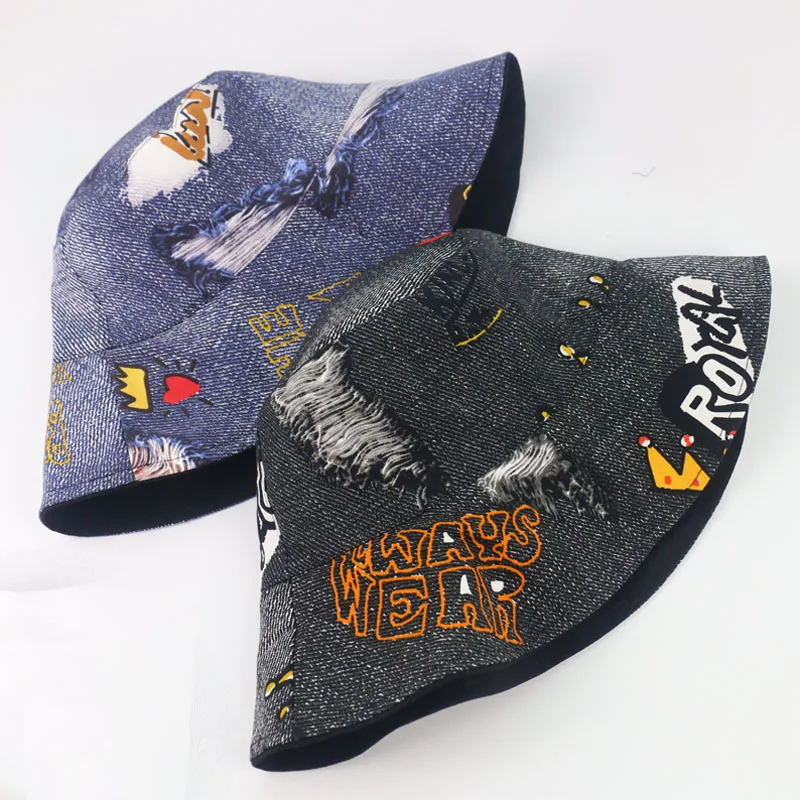 

Double-sided cowboy fisherman hat female cartoon ins trendsetter printed graffiti hip-hop sunshade hat