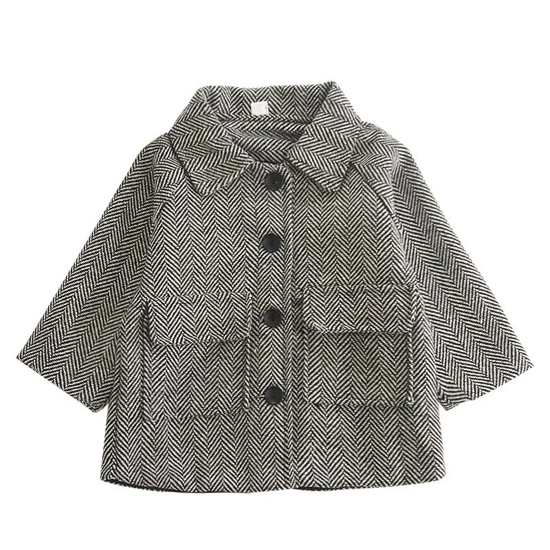 Шерстяное пальто для маленьких девочек, верхняя одежда весенние серые детские куртки в клетку зимняя одежда модная ветровка для детей от 2 до 5 лет