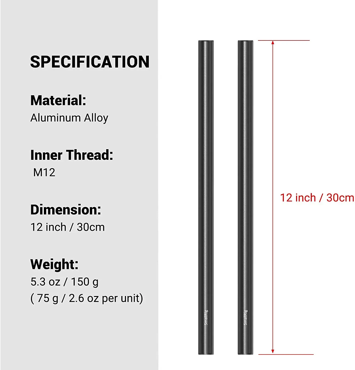 SmallRig 2pcs 15mm Black Aluminum Alloy Rod(M12-30cm) 12inch for DSLR Rail Support System for Follow Focus 1053