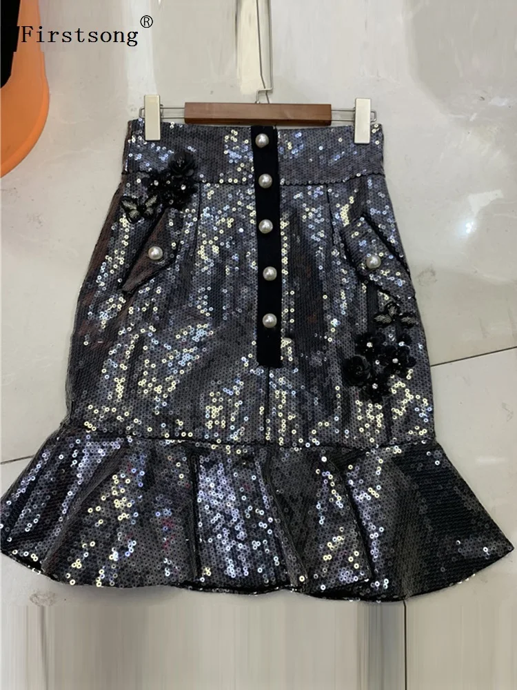 

Firstsong Women's Heavy Industry Beaded Sexy Hip High Waist Skirt 2020New Spring Summer Fashionable Wild Lotus Leaf Hem Skirt XL