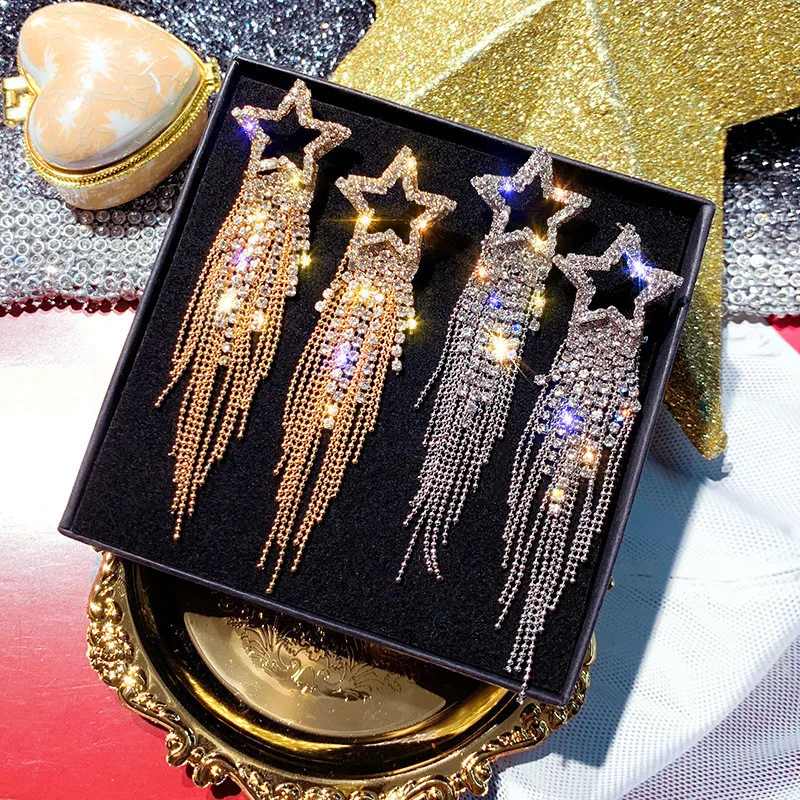 Модные корейские серьги для женщин длинные кисточки кристаллы Bijoux Роскошные блестящие золотые серьги-подвески в форме звезды Ювелирные изделия Подарки