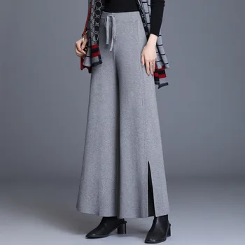 

Autumn Winter Women Elastic High Waist Slit Knitted Wide Leg Pants Female Elegant Chic Loose Casual Straight Knit Trousers