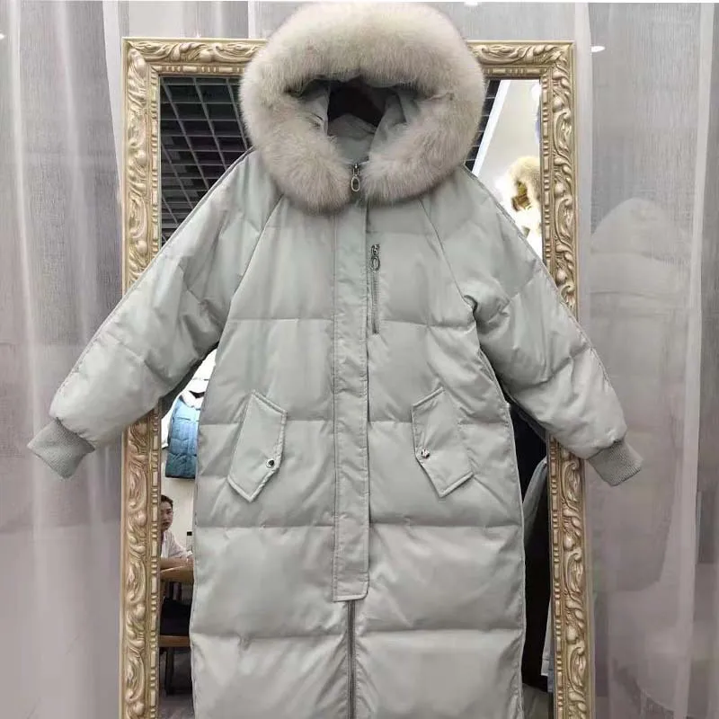 Стиль, пуховик, корейский стиль, свободный, прямой, большой размер, Женское пальто, Лисий мех, длинный воротник