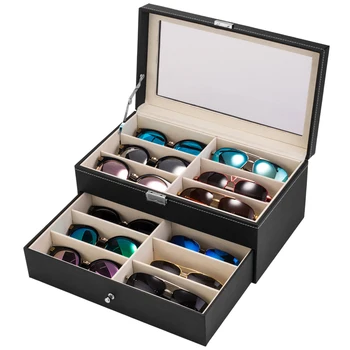 

Leather 12 Piece Eyeglasses Storage and Sunglass Glasses Display Drawer Lockable Case Organizer Black Storage Box