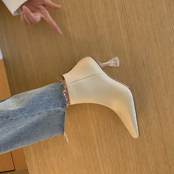 

MLJUESE 2021 women Ankle boots Cow leather Winter short plush Square Toe Zipper High heels female boots size 40