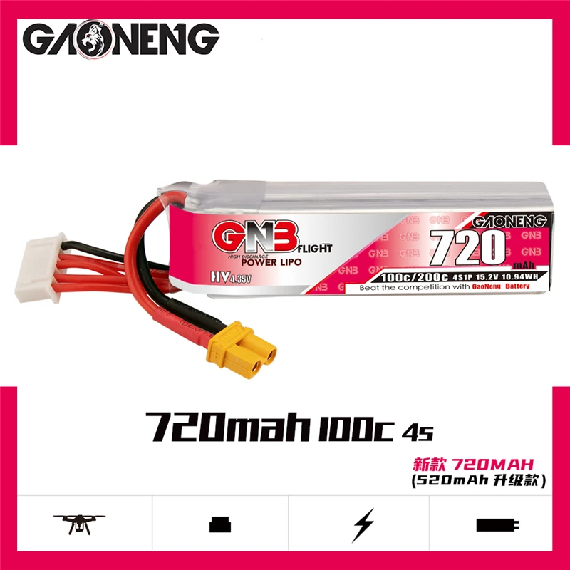GNB 720mAh 4S 100C 15.2V HV XT30 Plug Lipo Battery Connector for RC FPV Racing Drone Tinywhoop Frame Kit Tinywhoop Spare Parts replacement lithium battery