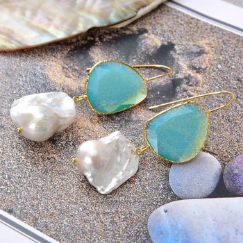 

GuaiGuai Jewelry Natural White Keshi Pearl Light Green Crystal Earrings