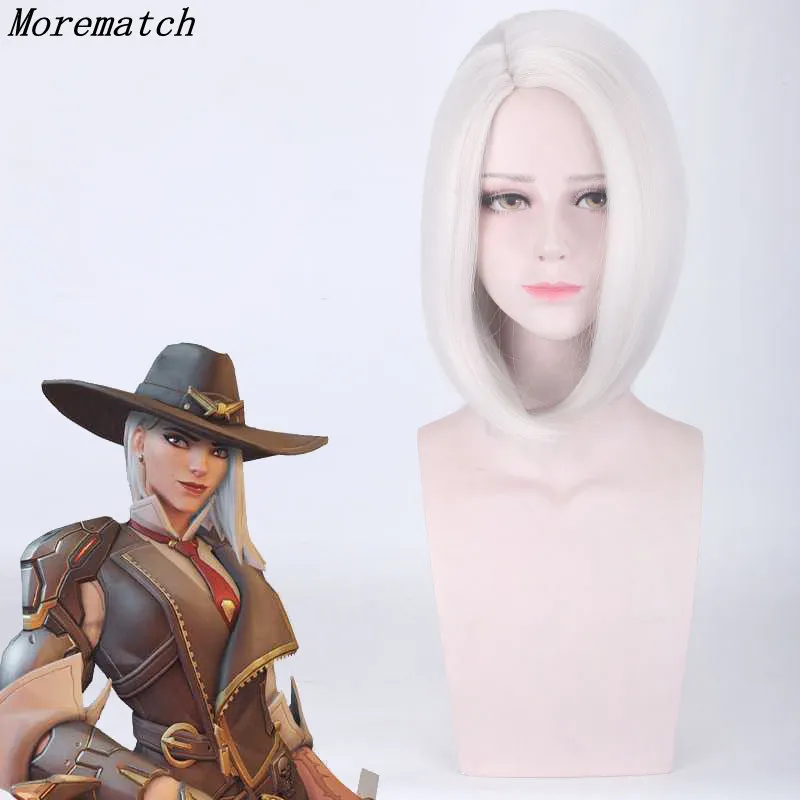 

Overwatch Ashe Cosplay Wig 30cm Short Straight Heat Resistant Synthetic Hair OW Game Wig Silver-White Costume Party Wig