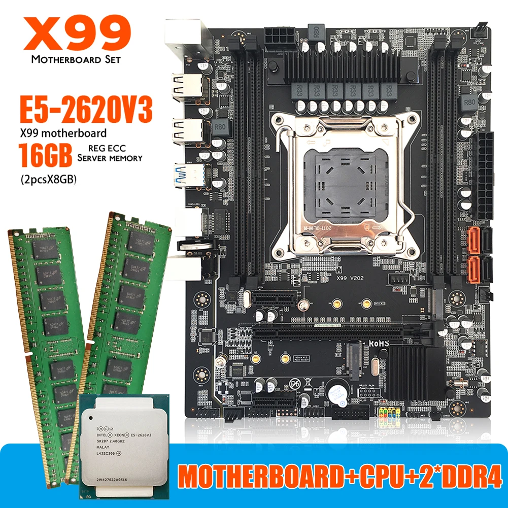 Комплект материнской платы X99 V2 D4 с Xeon E5 2620 V3 LGA2011-3 ЦП 2 шт. X 8 ГБ = 16 Гб 3200 МГц DDR4