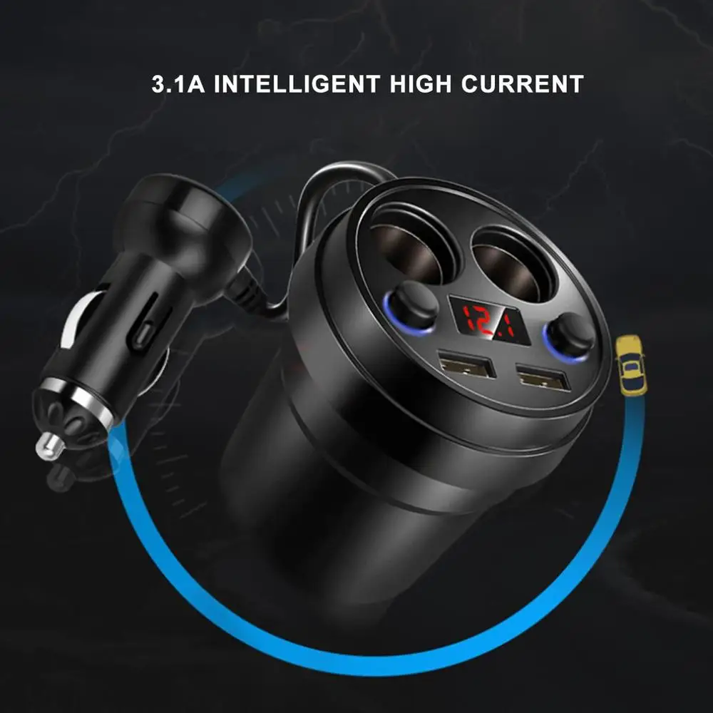 

New Cup Power Socket Adapter 2 USB Car Charger Cigarette Lighter Splitter Mobile Phone Chargers With Voltage LED Display