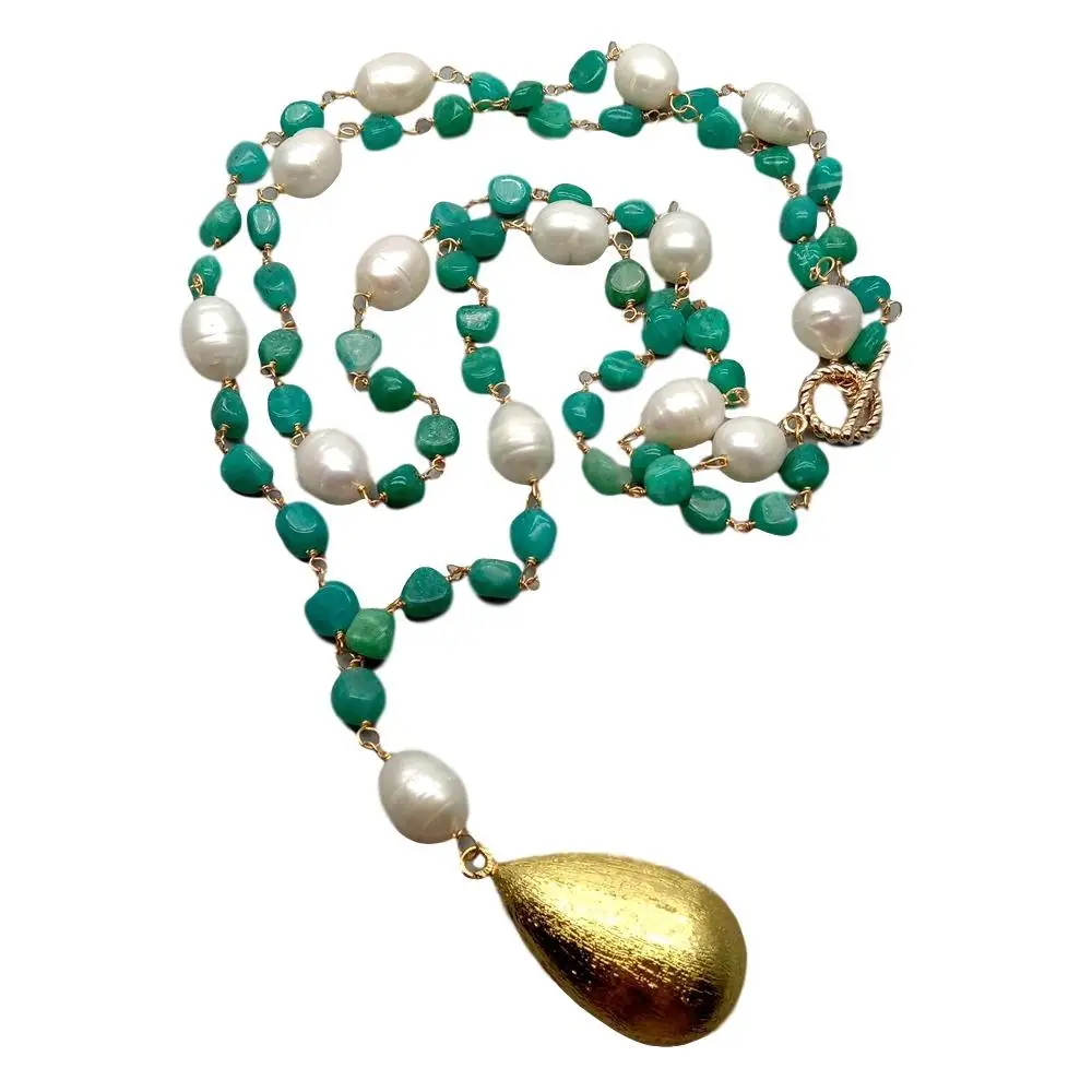 Y·YING Peruvian Amazonite White Rice Pearl sweater chain Necklace Teardrop Brushed Bead Pendant necklace 21&quot for women |