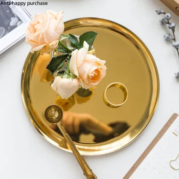 

European Stainless Steel Tea Tray Home Use Metal Round Fruit Plate Golden Jewelry Cosmetic Storage Tray Sundries Organize Disk