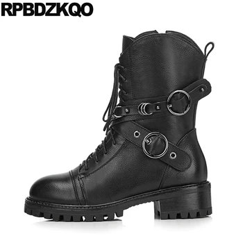 

belts motorcycle round toe mid calf lace up british chunky military combat boots biker big size luxury brand shoes women black
