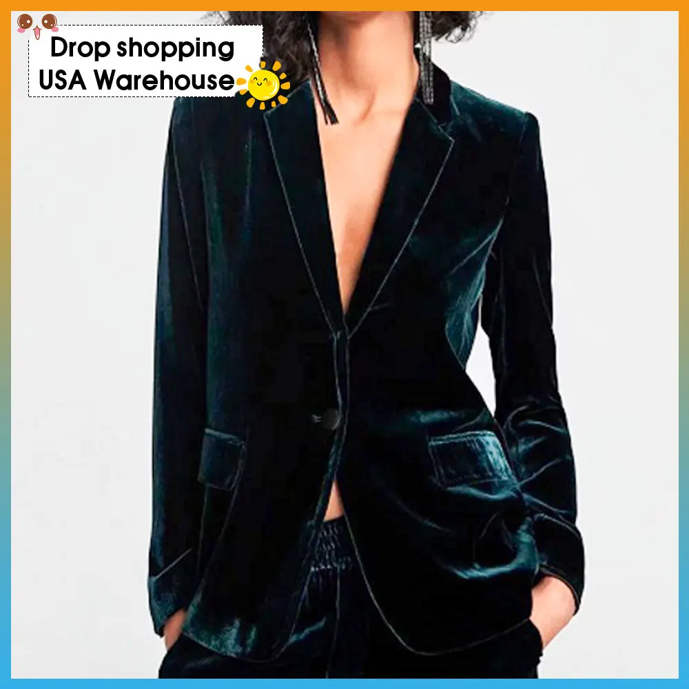 

Autumn and Winter Dark Green Velvet Commuter Plus-sized One Button Casual Velvet Suit Jacket Women Plus size Cardigans