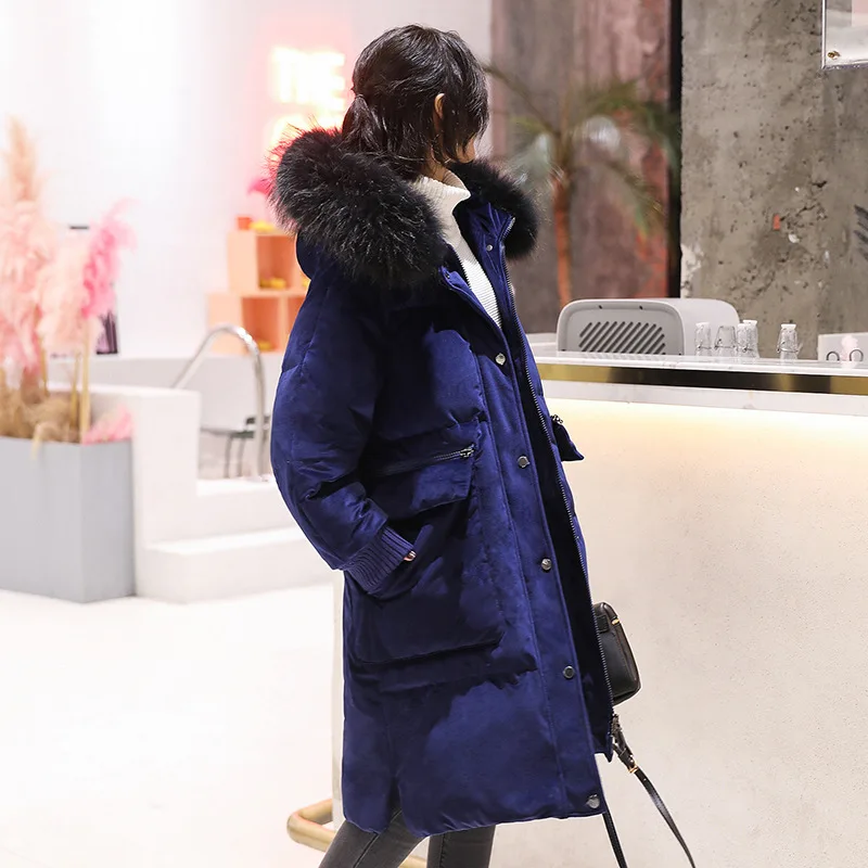 Manufacturers Direct Selling Gold Velvet Large Size Coat Korean-style Mid-length Loose-Fit Large Fur Collar Hooded White Duck do