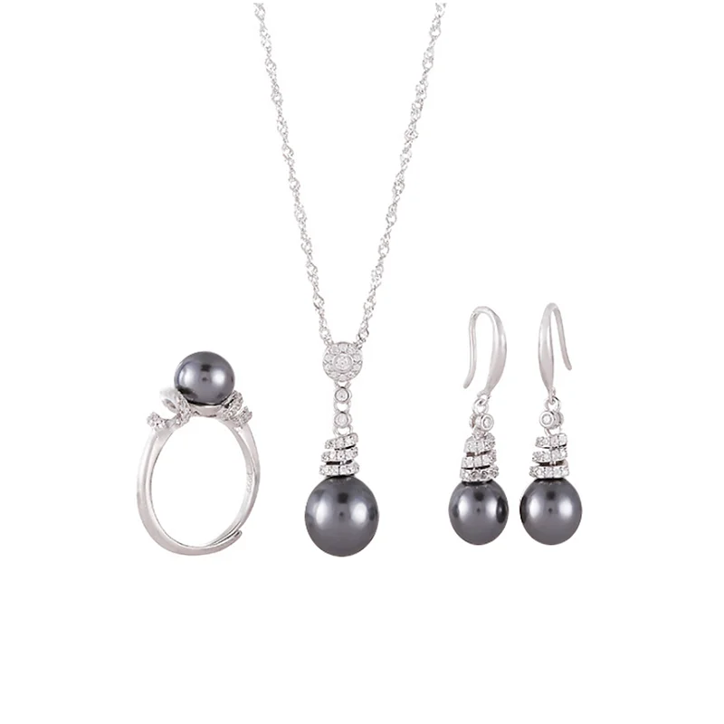 MeiBaPJ, 925 пробы, серебро, спиральная форма, Модный Ювелирный Набор, натуральный черный жемчуг, подвеска, кольцо, серьги, свадебные ювелирные изделия для женщин - Цвет камня: Black Pearl Set