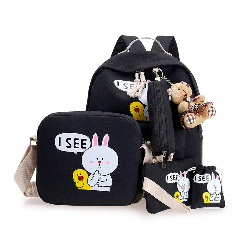 4pcs/set school bags Korean cute cartoon printing children backpacks for teenage girls High quality canvas school backpack - Цвет: black