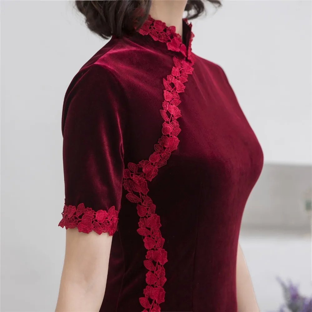 Шанхай история кружева каймы по колено Cheongsam велюровое традиционное китайское Ципао платье