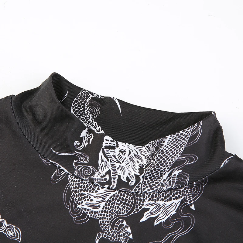 Черная футболка с принтом дракона Rockmore, женская футболка в китайском стиле, Облегающая водолазка, короткий топ с длинным рукавом, футболки, базовые футболки на осень