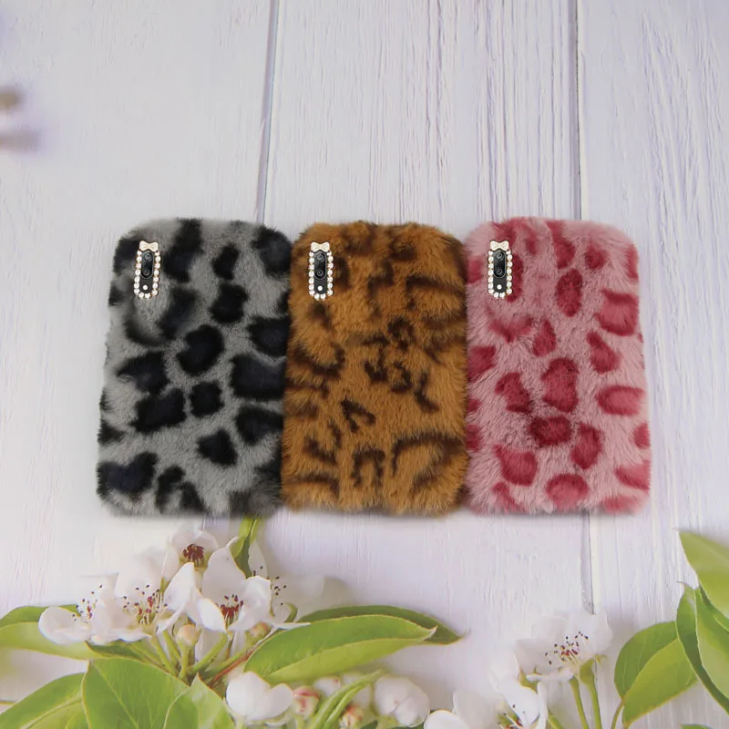 

HuaWei Y7 2019 Case fashion Leopard Luxury Plush Rabbit fur Shiny diamond Soft Silicone Back Cover For HuaWei Y7 2019 Phone Case