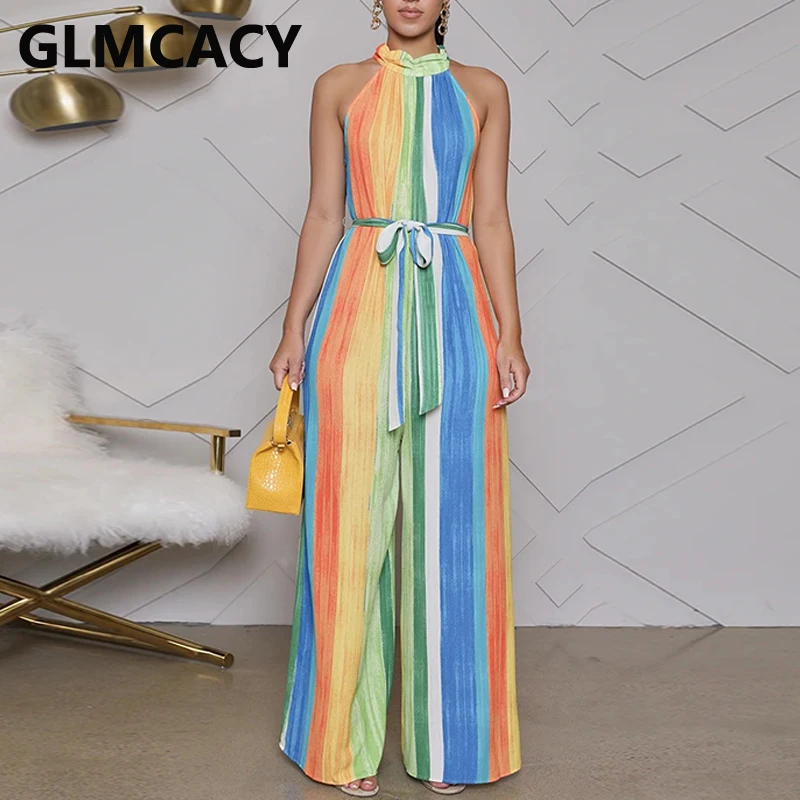 Women Halter Stripe Printed Wide Leg Bodycon Jumpsuit Chic Casual Overalls Women Halter Stripe Printed Wide Leg Bodycon Jumpsuit Chic Casual Overalls