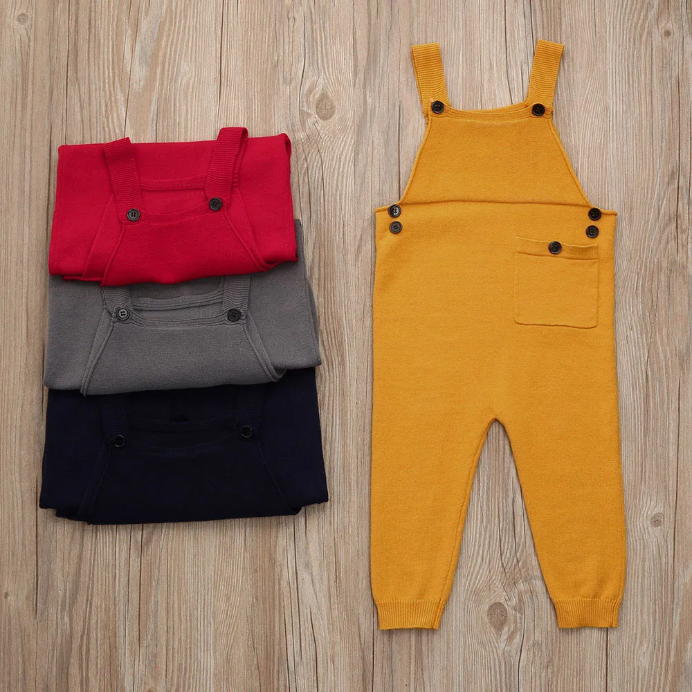 

Newborn Baby Boy Girl Rompers Toddler Kids Baby Boys Girls Knitted Overalls Strap Outfits Sleeveless Pocket Jumpsuit