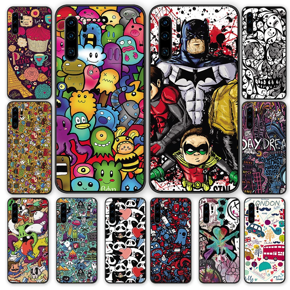 Beauty Doodle Luxury Art Black TPU Cases Cover For Huawei P40 P30 P20 P10 Mate 10 20 30 Pro Lite | Мобильные телефоны и