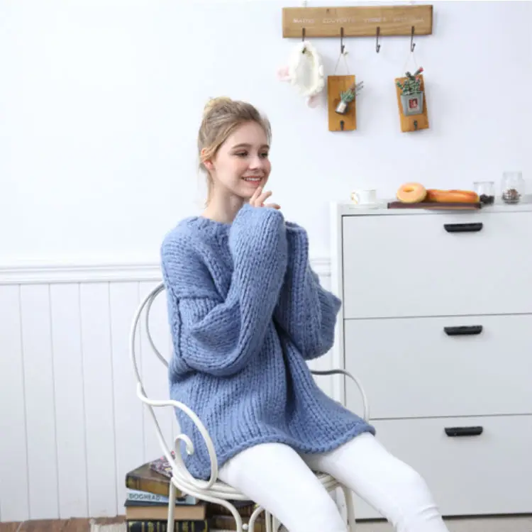 

2018 Autumn And Winter New Style Laziness Sweet Loose-Fit Handmade Thick Thread Thick Crew Neck Pullover Outer Wear Sweater Knit
