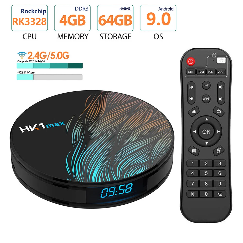 

HK1max 4GB/64GB Android TV Box Android 9.0 RK3328 Quad Core UHD 4K Media Player 2.4G/5G WiFi BT4.0 Miracast Airplay Box TV Smart