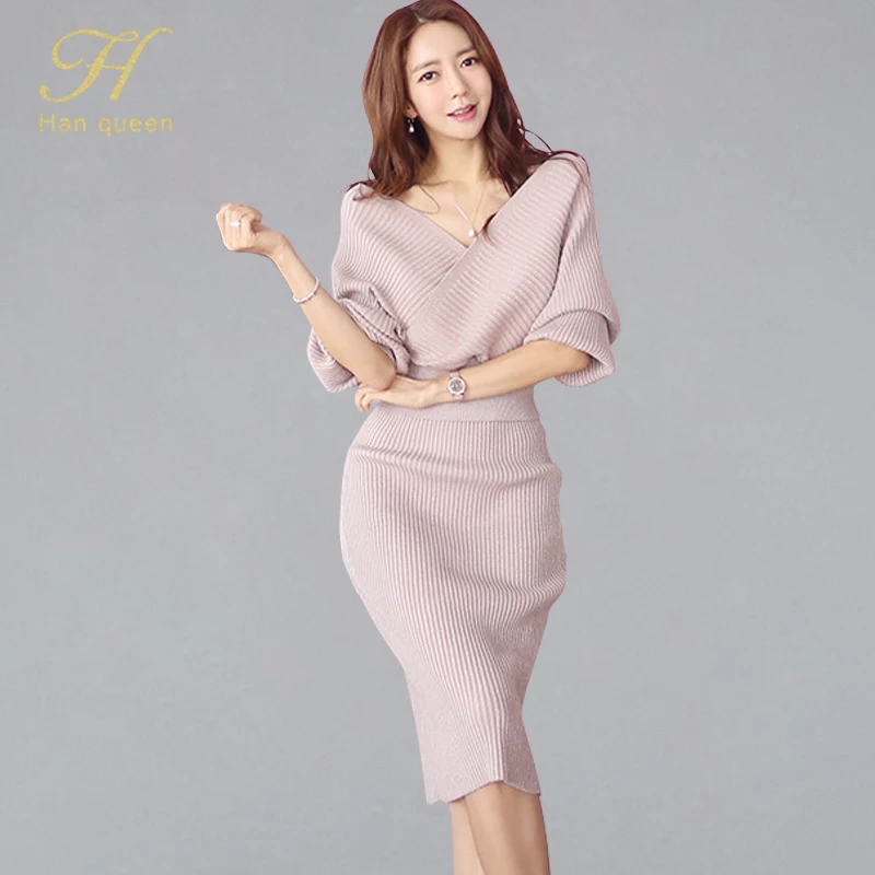 

H Han Queen Sexy Elegant Knitted 2 Pieces Set Women 2019 Autumn Winter Deep V-neck Sweater Tops And Sheath Bodycon Pencil Skirts