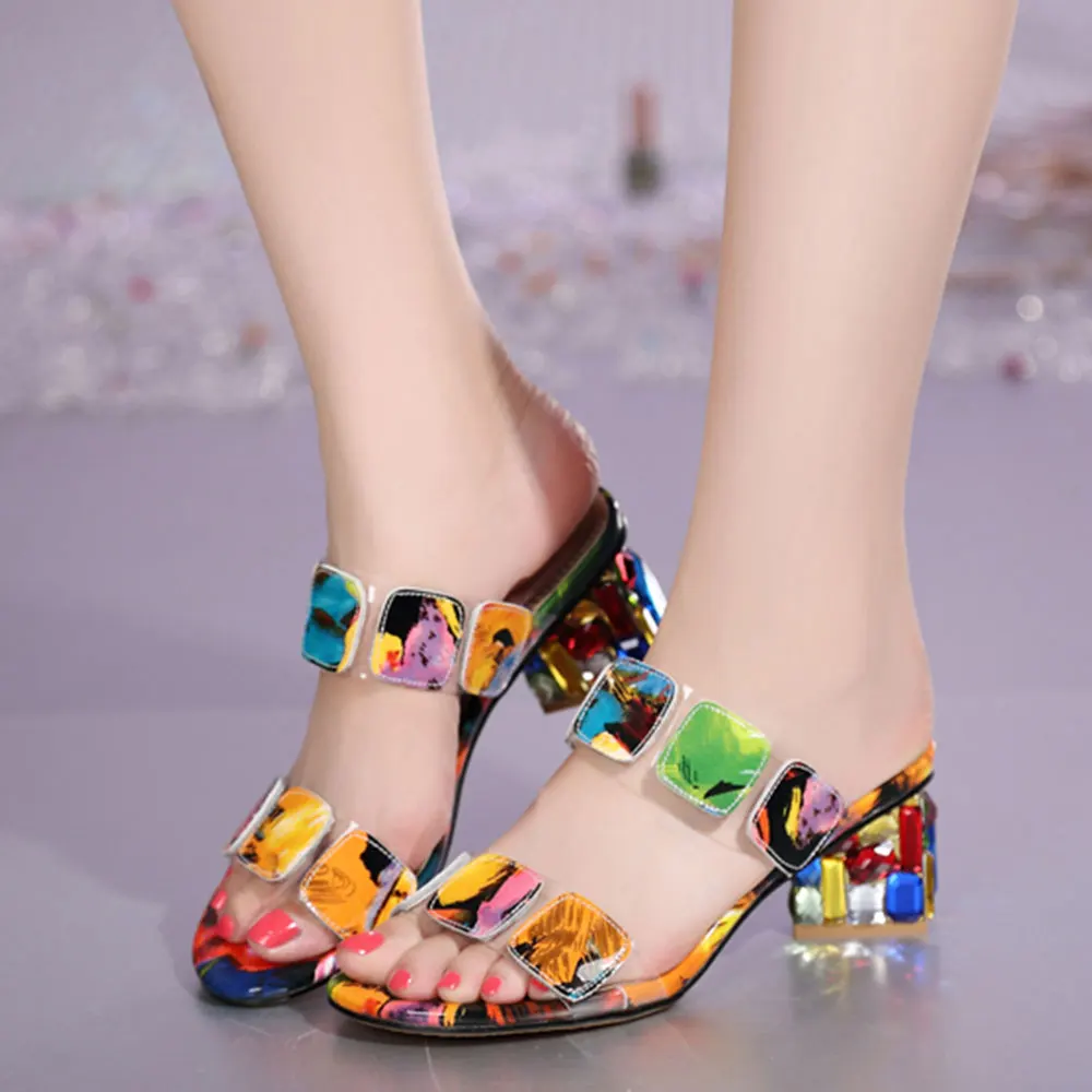 colorful geo applique chunky heeled sandals