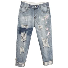 Fashion Women's Denim Pants High Waist Floral Embroidery Cowboy Trousers Female Ankle-length Jeans Pants Plus Size 5XL