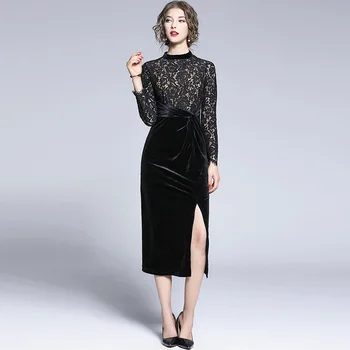 

ARiby Lace Gold Velvet Women lace autumn long sleeve 2019 New Autumn/winter Office Lady Mid-long Solid Hollow Out black Dress