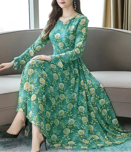 

Hot Sale 2019 Autumn New Arrival Plus Size M-3XL Flower Printed Long Sleeve Round Collar Woman Chiffon Long Dress