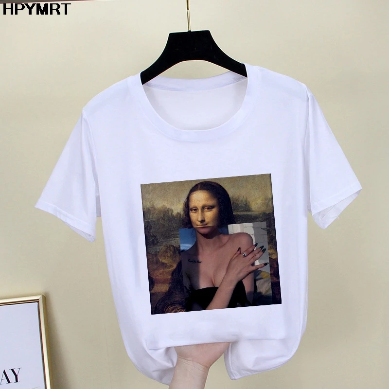 2020 New summer spoof Mona Lisa Print T Shirts Women aesthetics funny Tshirts Casual Short Sleeves Tops t-shirt Female Clothing