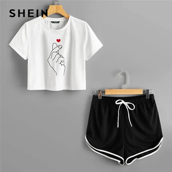 SHEIN Gesture Print Crop Tee and Contrast Binding Dolphin Shorts PJ Set Women Summer Sleepwear Casual Pajama Sets