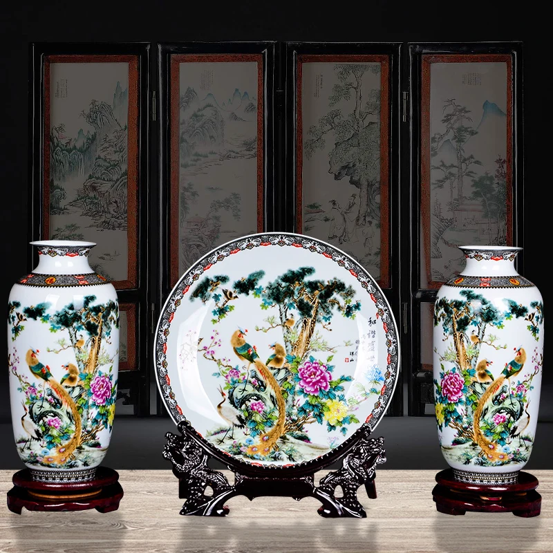 Цзиндэчжэнь керамическая ваза пастельных тонов пейзажи, Цветочная композиция, сухие цветы, украшение гостиной, китайский ТВ шкаф - Цвет: vase and plate set