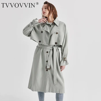 

China Women Double Breasted Aprciot Big Size Trench New Lapel Long Sleeve Loose Fit Windbreaker Fashion Tide Spring 2020 1S103
