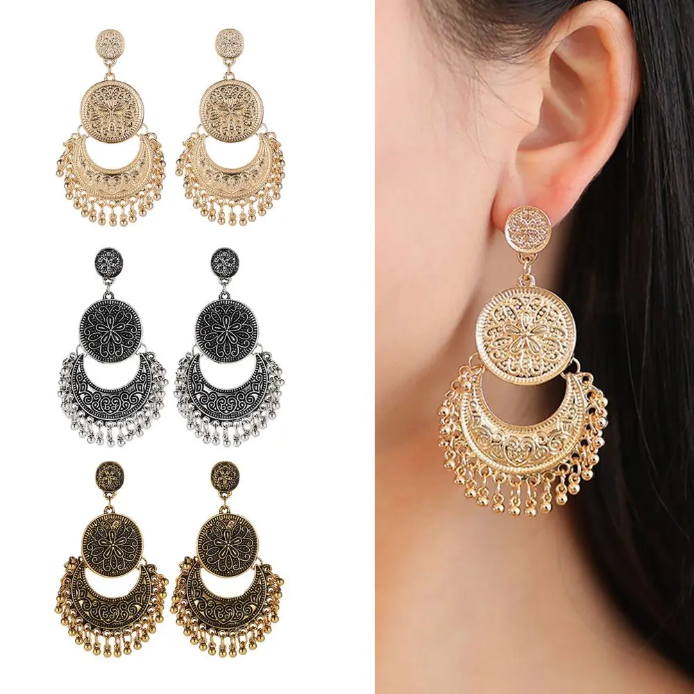 

Boho Vintage Earrings Tribal Ethnic Carved Flower Dangle Tassel Earring For Women Traditional Indian jewelry Jhumka Jhumki 1Pair