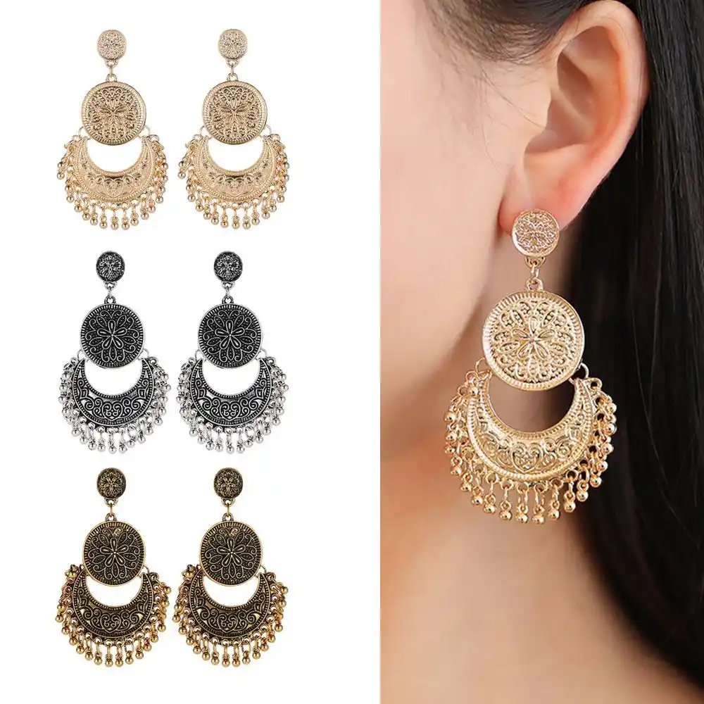 Fashion Vintage Black Gold Tassel Drop Dangle Boho Flower Crystal Stud Earrings