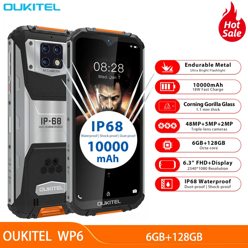 OUKITEL WP6 6.3&quot Octa Core Mobile Phone MT6771T Waterproof Dust Shock 9V/2A 10000mAh Battery 48MP Triple Camera 6GB 128GB | Мобильные