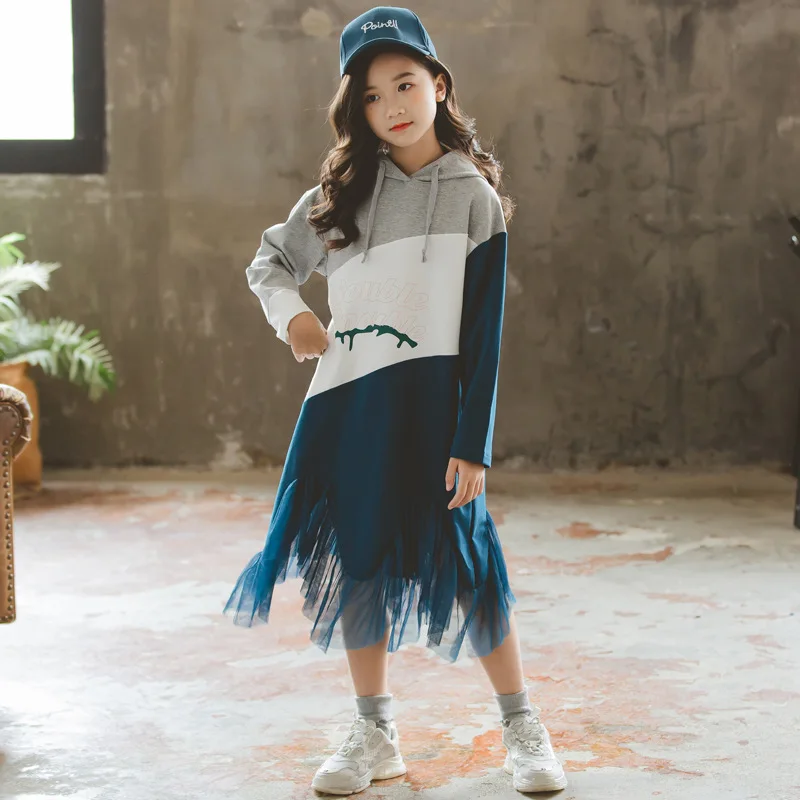 Girls Long-sleeved Hooded Dress New Style 2019 Autumn Children Patchwork Dresses Hit-colored Mesh Yarn Pro-baby #8005 | Детская одежда