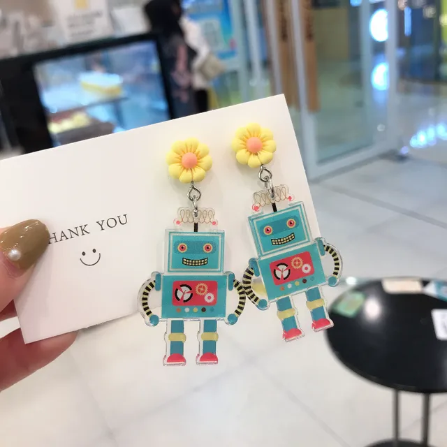 Acrylic Drop Earrings Dinosaur Robot Flower Exaggeration Transparent Creativity Dangle Earrings for Women Fashion Jewelry blue robot