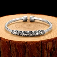 

999 Pure Silver Men's Retro Cuff Bracelet,Hand Carved Heart Sutra, Ancient French Silver Opening Bracelet, Female Lovers Jewelry