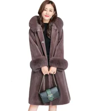Зимнее женское пальто из искусственного лисьего меха с капюшоном и воротником из овечьей шерсти, зимнее манто для женщин, элегантное женское пальто
